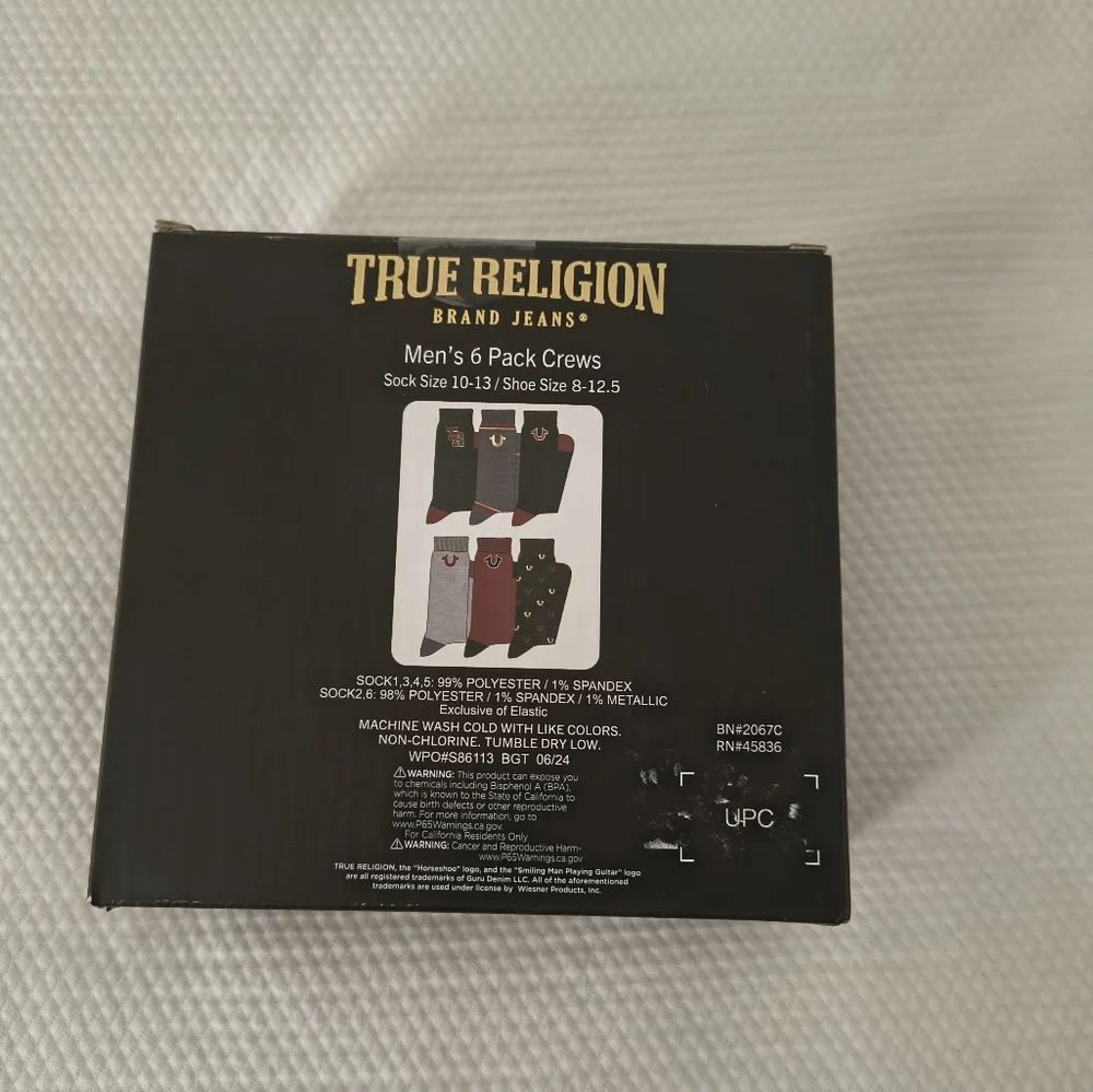 True Religion Men's Sock Gift Set, 6 Pair Socks fits 10/13.